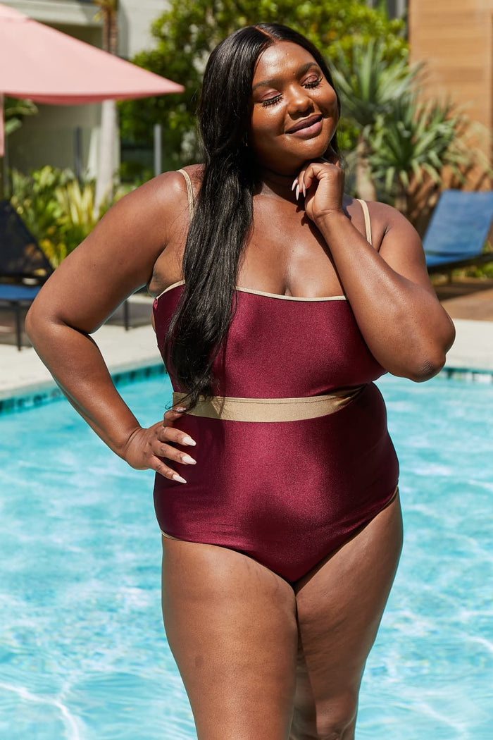 Hazel Blues® | Wave Break Contrast Trim One-Piece in Wine: Adult