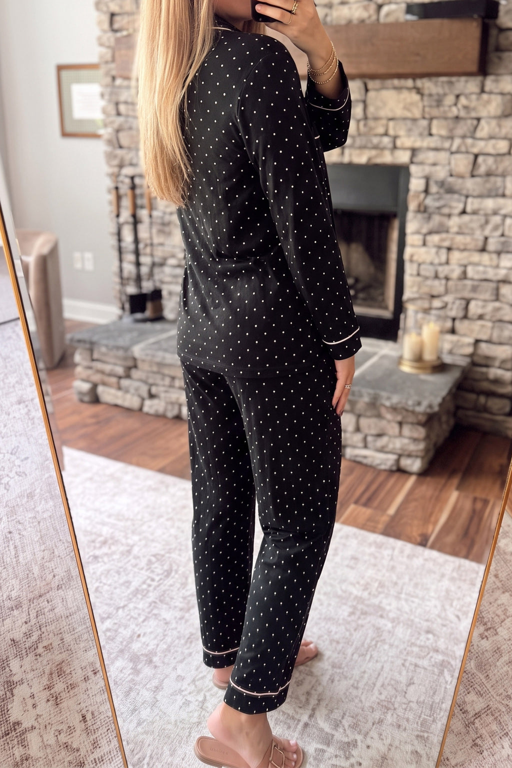 Ansley Sage Black Polka Dot Lace Pajama Set