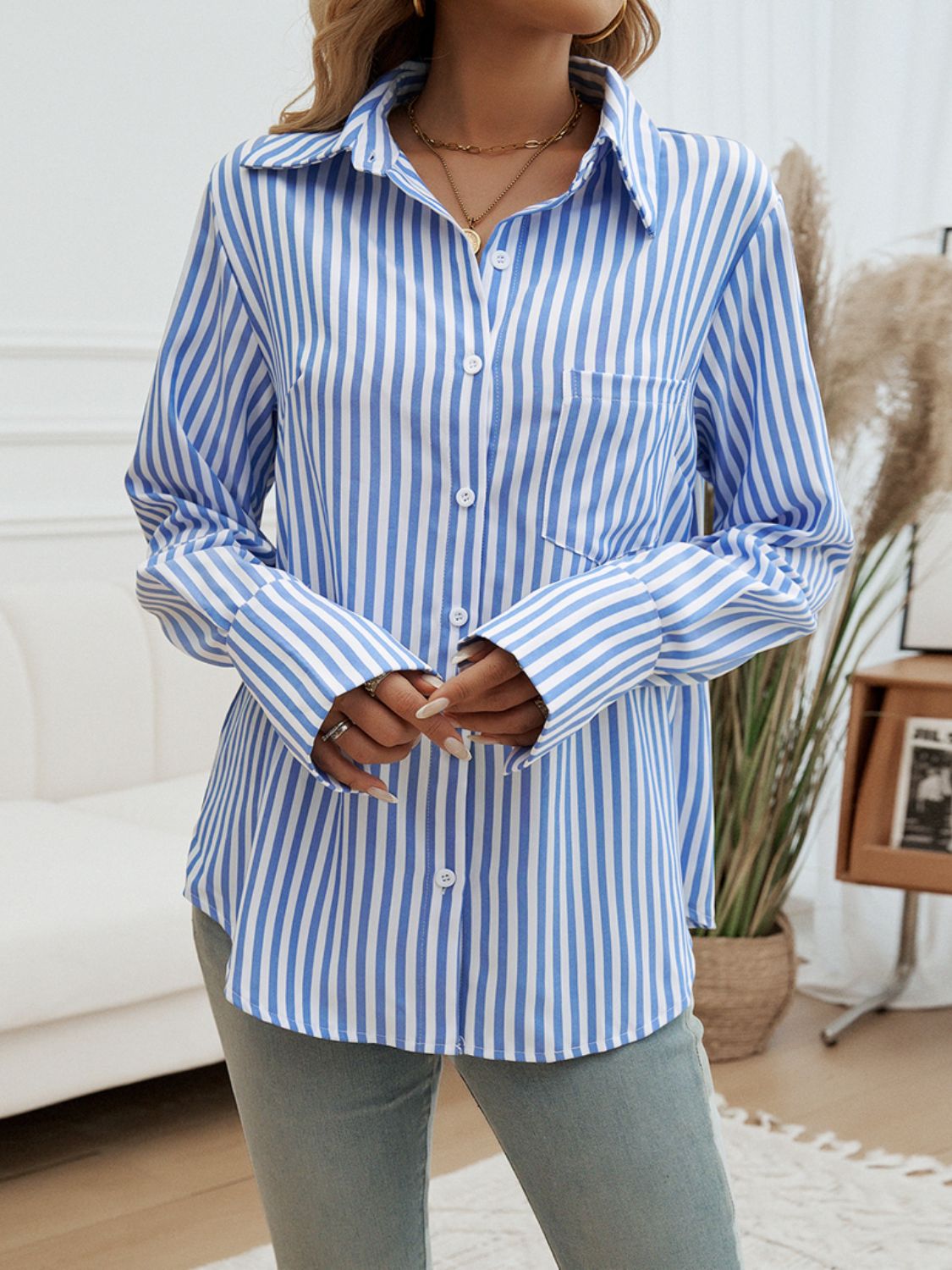 Hazel Blues® |  Pocketed Striped Collared Neck Long Sleeve Shirt