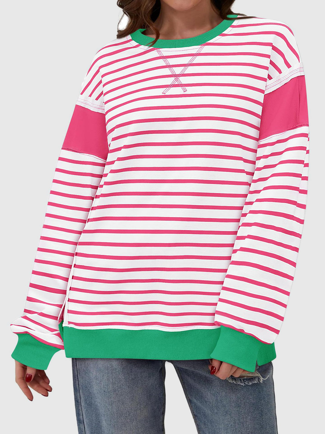 Hazel Blues® |  Slit Exposed Seam Striped Long Sleeve Sweatshirt