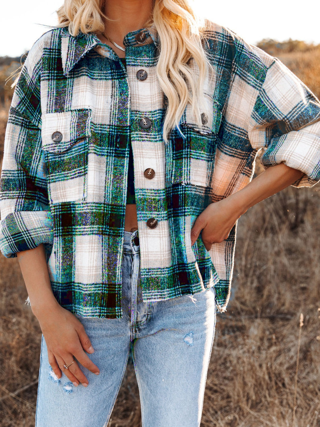 Hazel Blues® |  Pocketed Plaid Button Down Long Sleeve Shacket