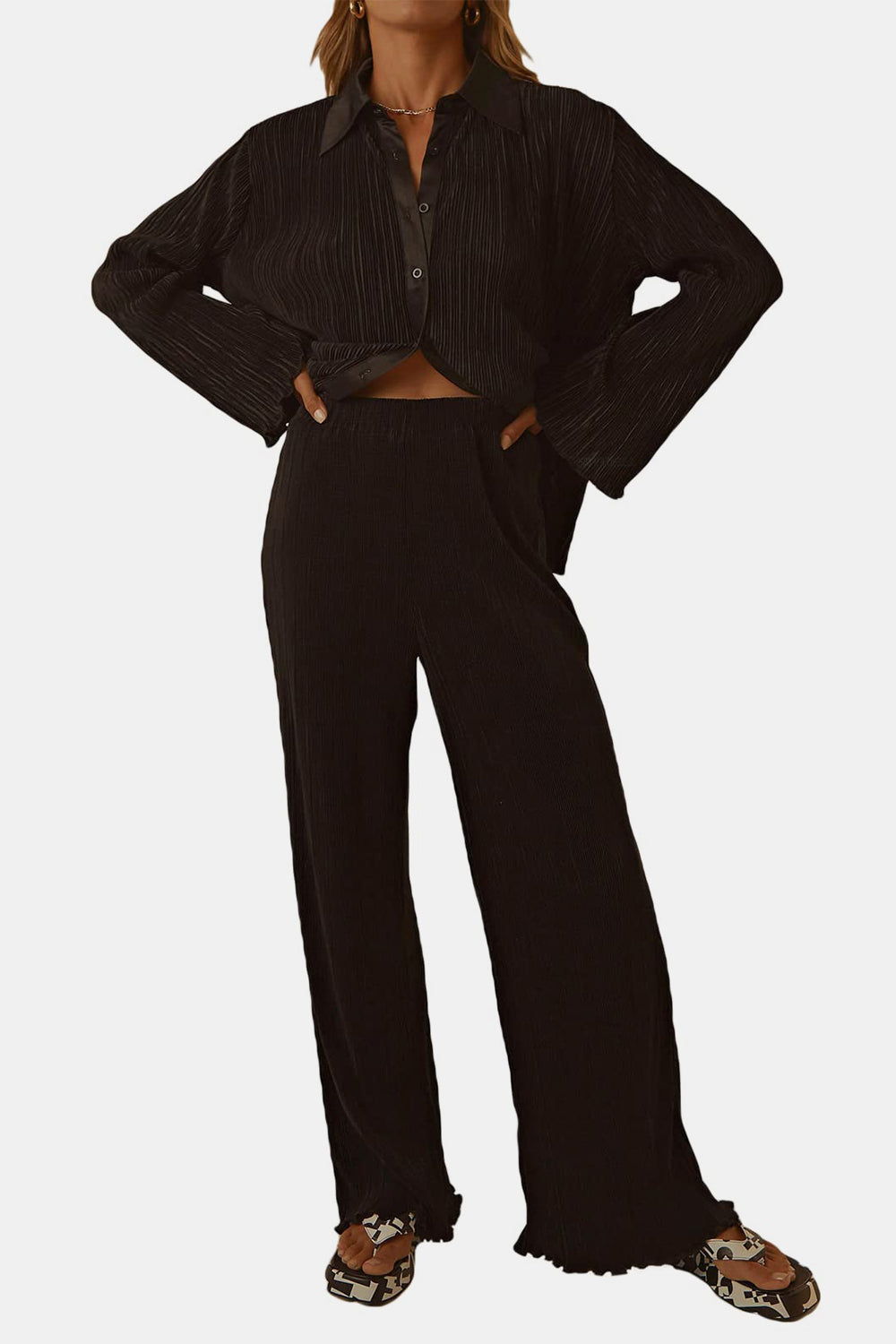 Hazel Blues® |  Textured Button Up Collared Neck Top and Pants Set