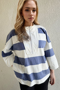 Hazel Blues® |  Oh Pima Cotton Wash Striped Half Zip Mock Neck Long Sleeve Top