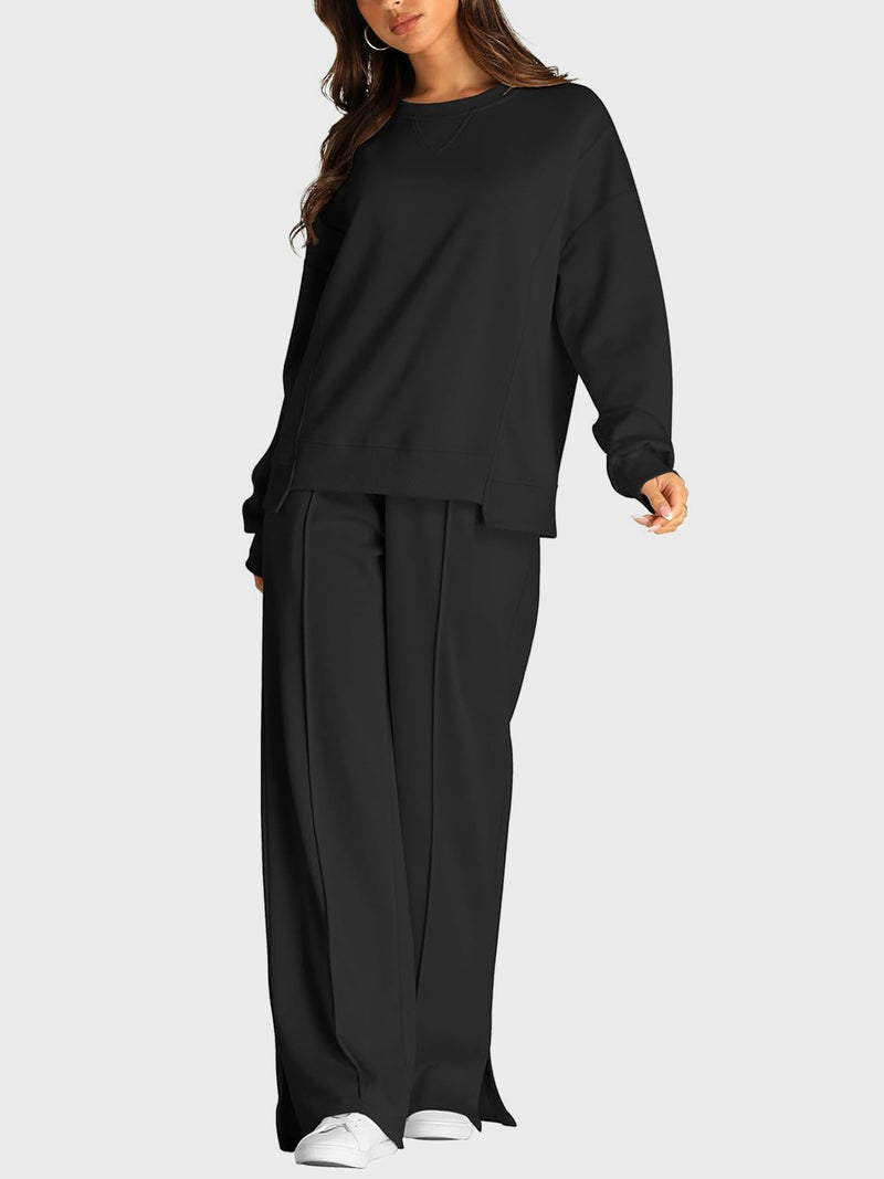 Hazel Blues® |  Round Neck Long Sleeve Top and Slit Pants Set