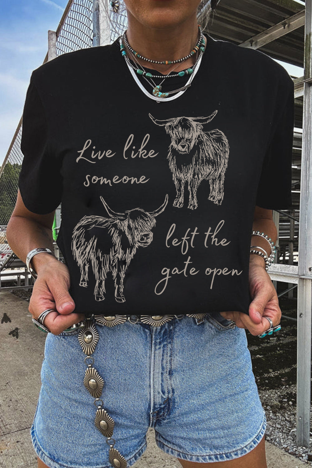Hazel Blues® |  Black Western Cow Print Round Neck Casual Tee