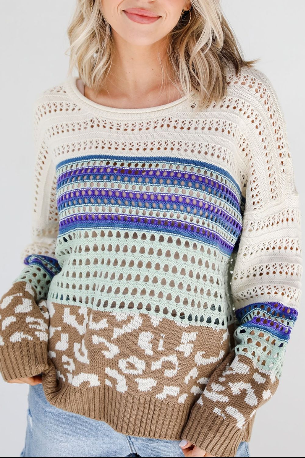 Hazel Blues® |  Leopard Striped Round Neck Crochet Knit Top