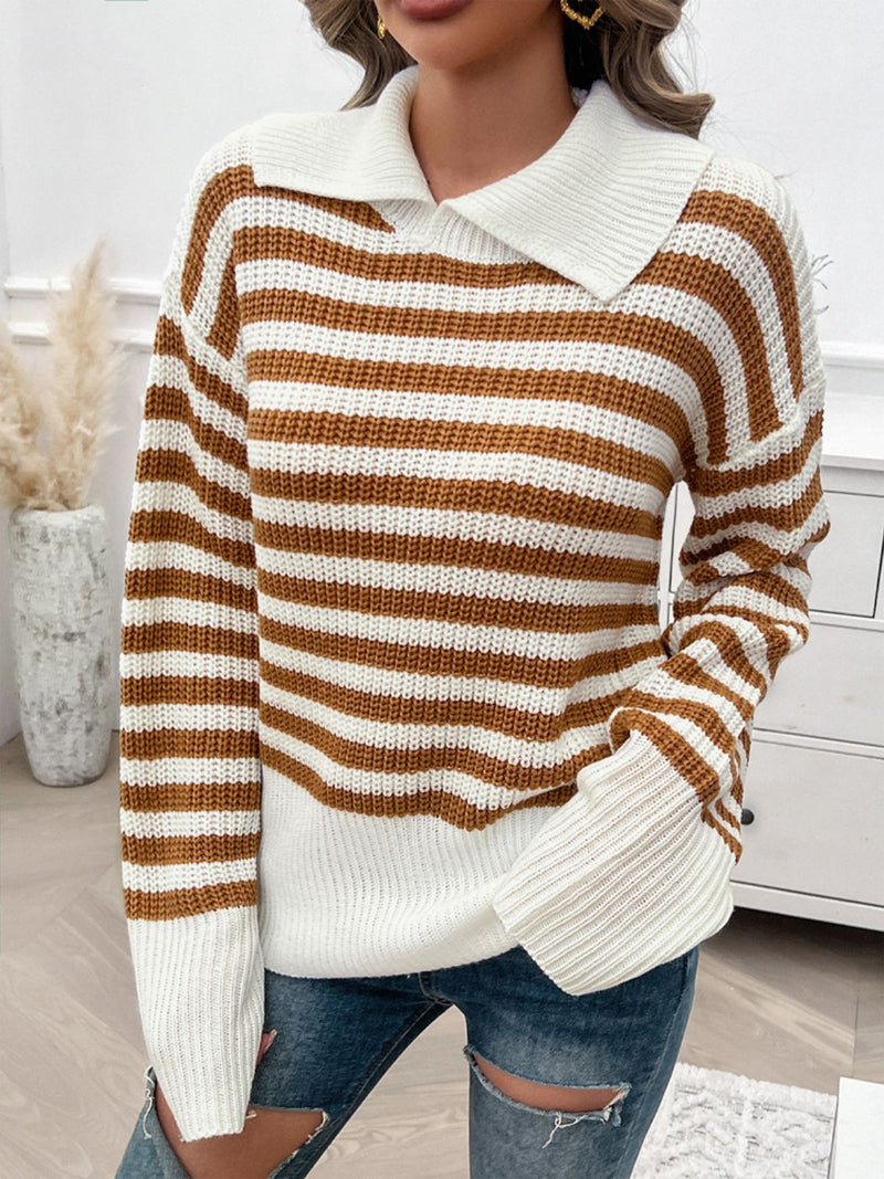 Hazel Blues® |  Striped Collared Neck Long Sleeve Sweater