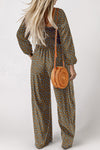 Hazel Blues® |  Brown Floral Print Western Smocked Bodice Square Neck Wide Leg Jumpsuit