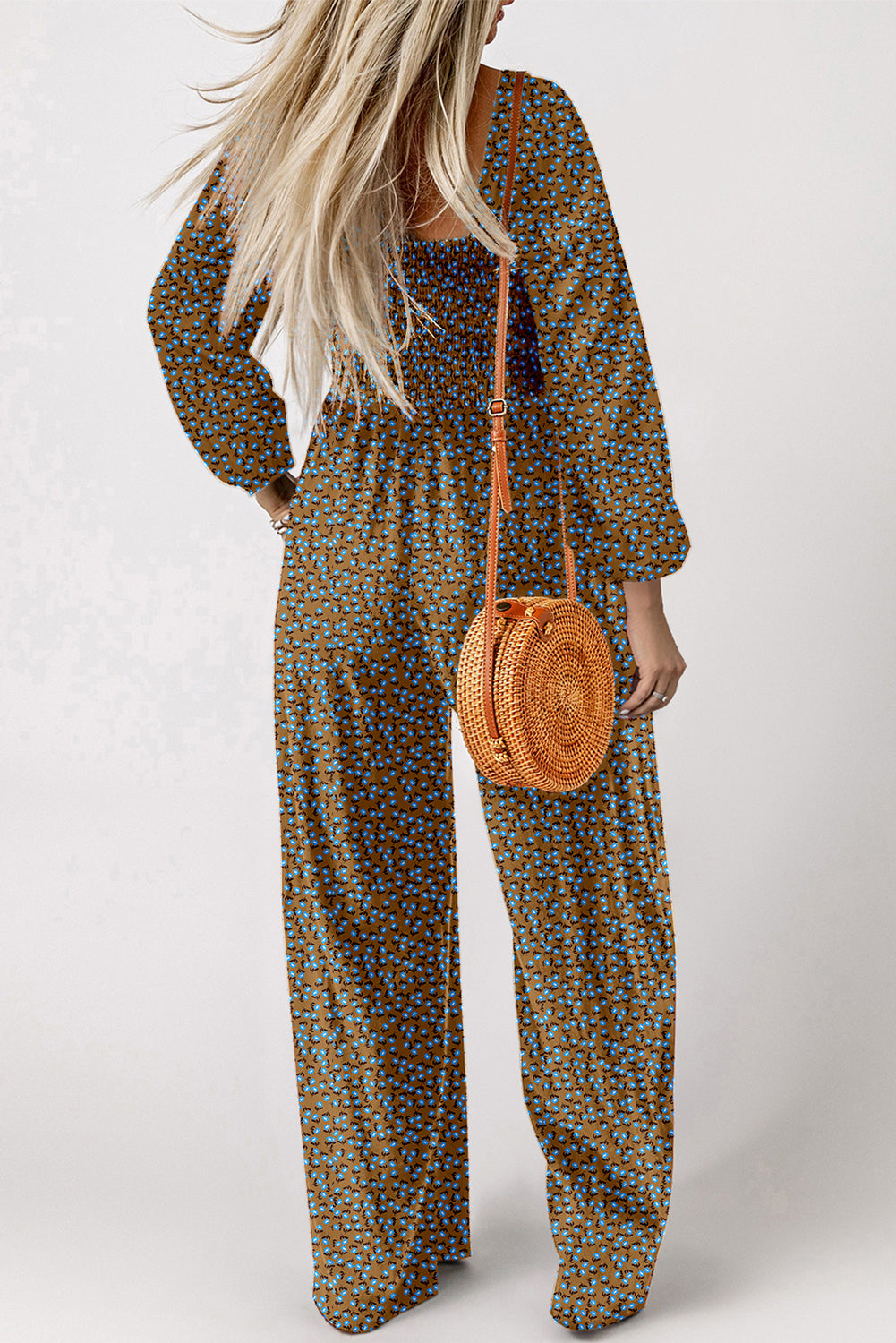 Hazel Blues® |  Brown Floral Print Western Smocked Bodice Square Neck Wide Leg Jumpsuit