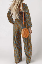 Hazel Blues® |  Brown Floral Print Western Smocked Bodice Square Neck Wide Leg Jumpsuit
