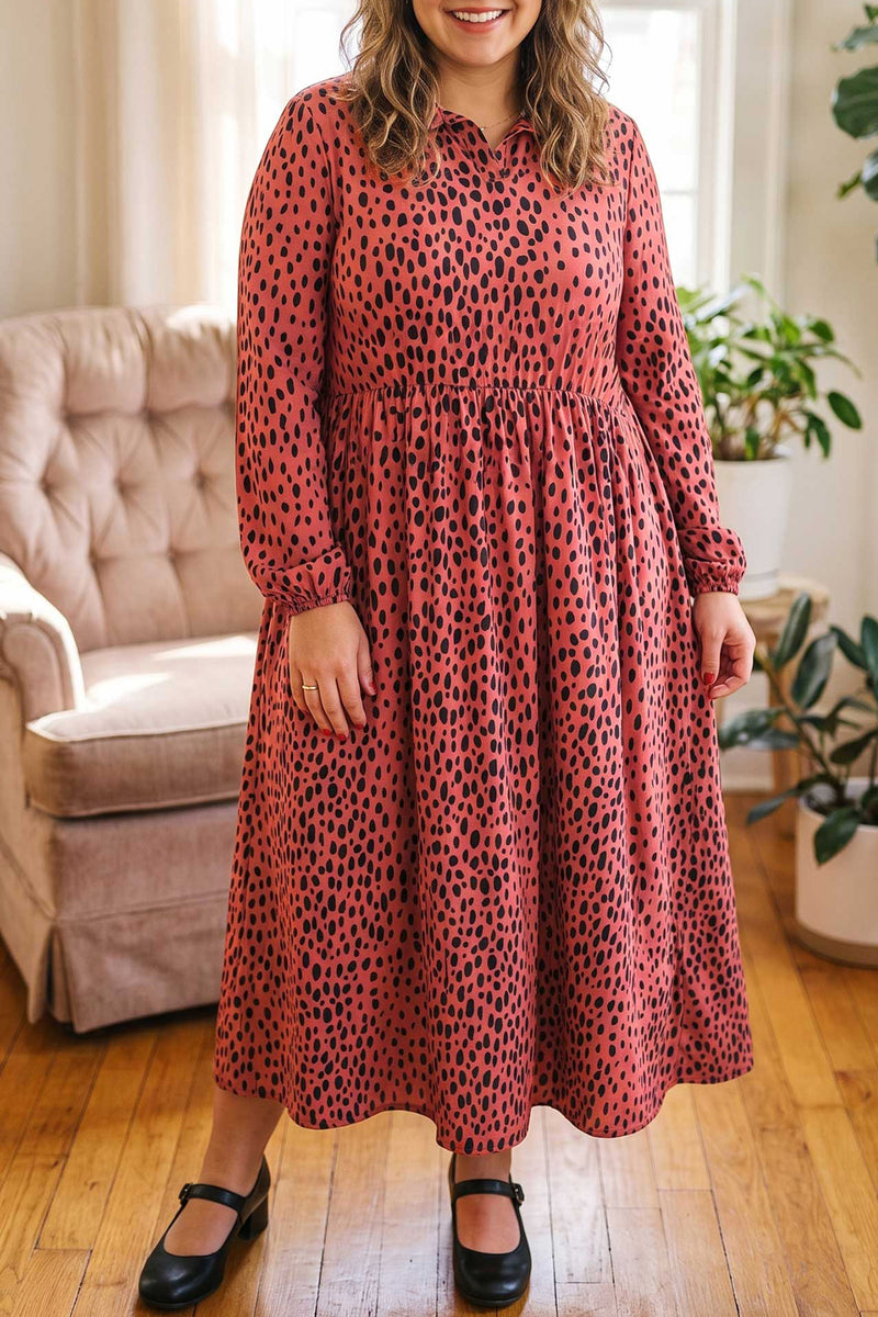 Red Leopard Print Long-Sleeve V-Neck Midi Dress – Hazel Blues®