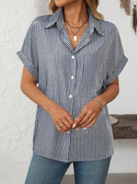 Hazel Blues® |  Mandy Pocketed Striped Collared Neck Short Sleeve Shirt