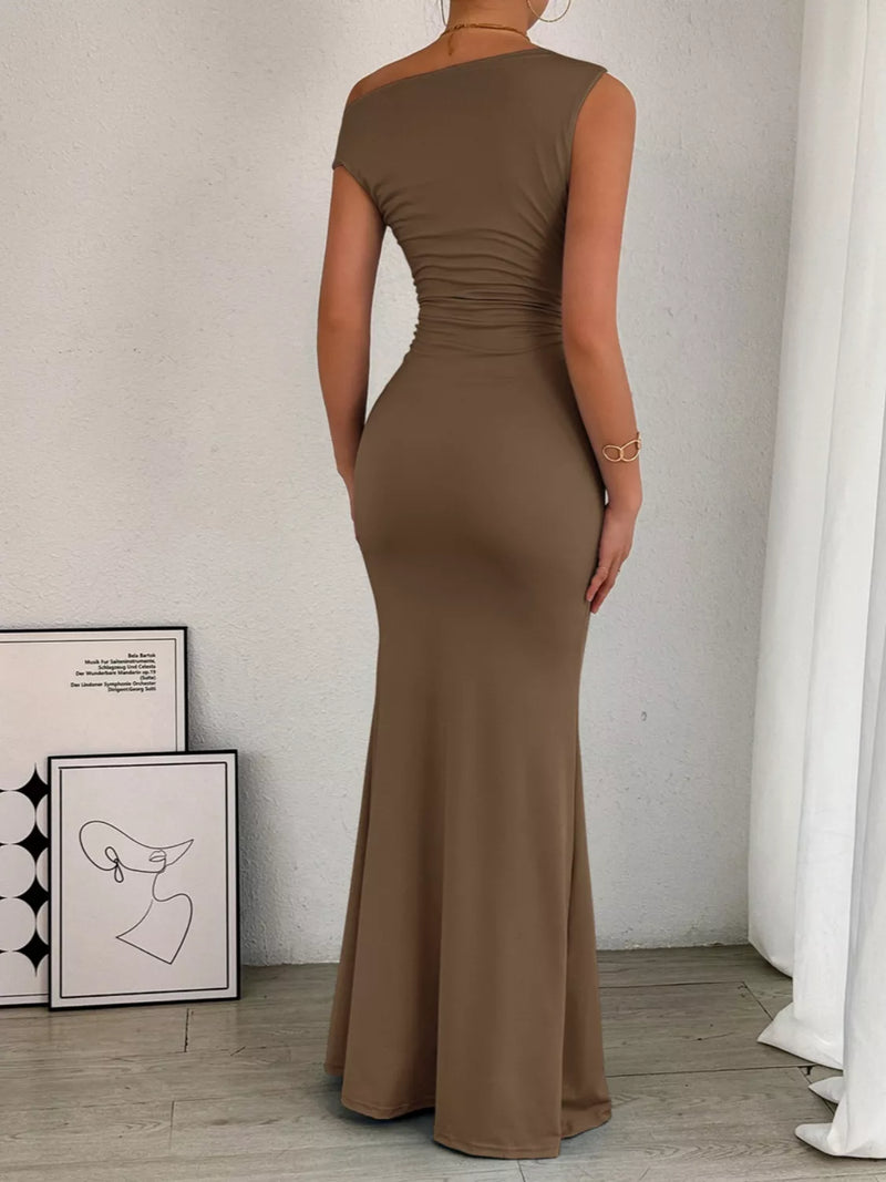 Sexy Black One-Shoulder Ruched Bodycon Maxi Dress Black / XS By Trendsi Sexy Black One-Shoulder Ruched Bodycon Maxi Dress Black / XS By Trendsi