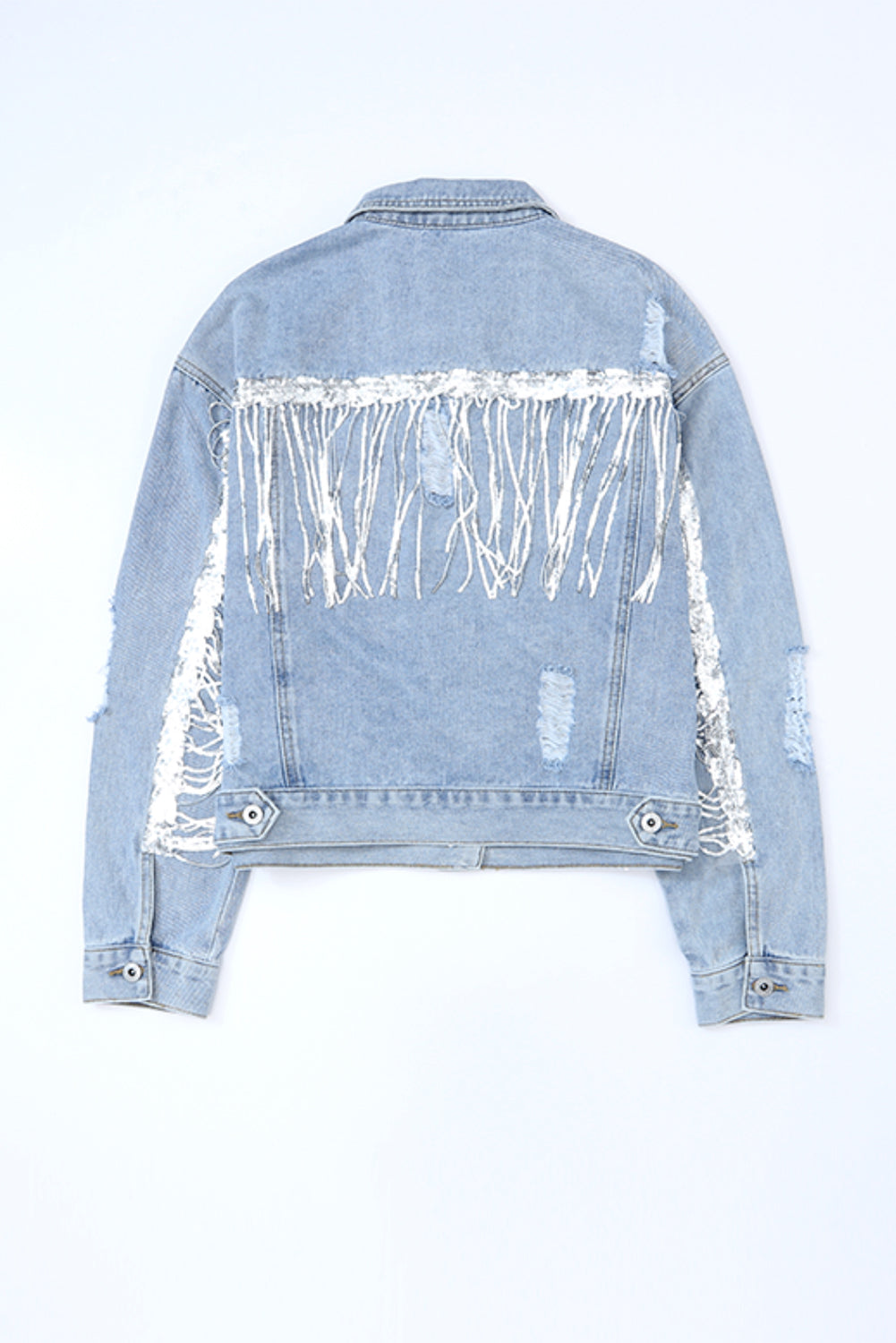 Hazel Blues® |  Sequin Fringe Trim Distressed Button Up Denim Jacket