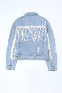 Hazel Blues® |  Sequin Fringe Trim Distressed Button Up Denim Jacket