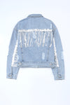 Hazel Blues® |  Sequin Fringe Trim Distressed Button Up Denim Jacket