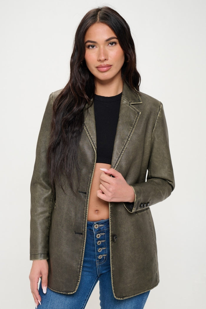 Hazel Blues® |  Coalition LA Single-Breasted Vegan Leather Blazer