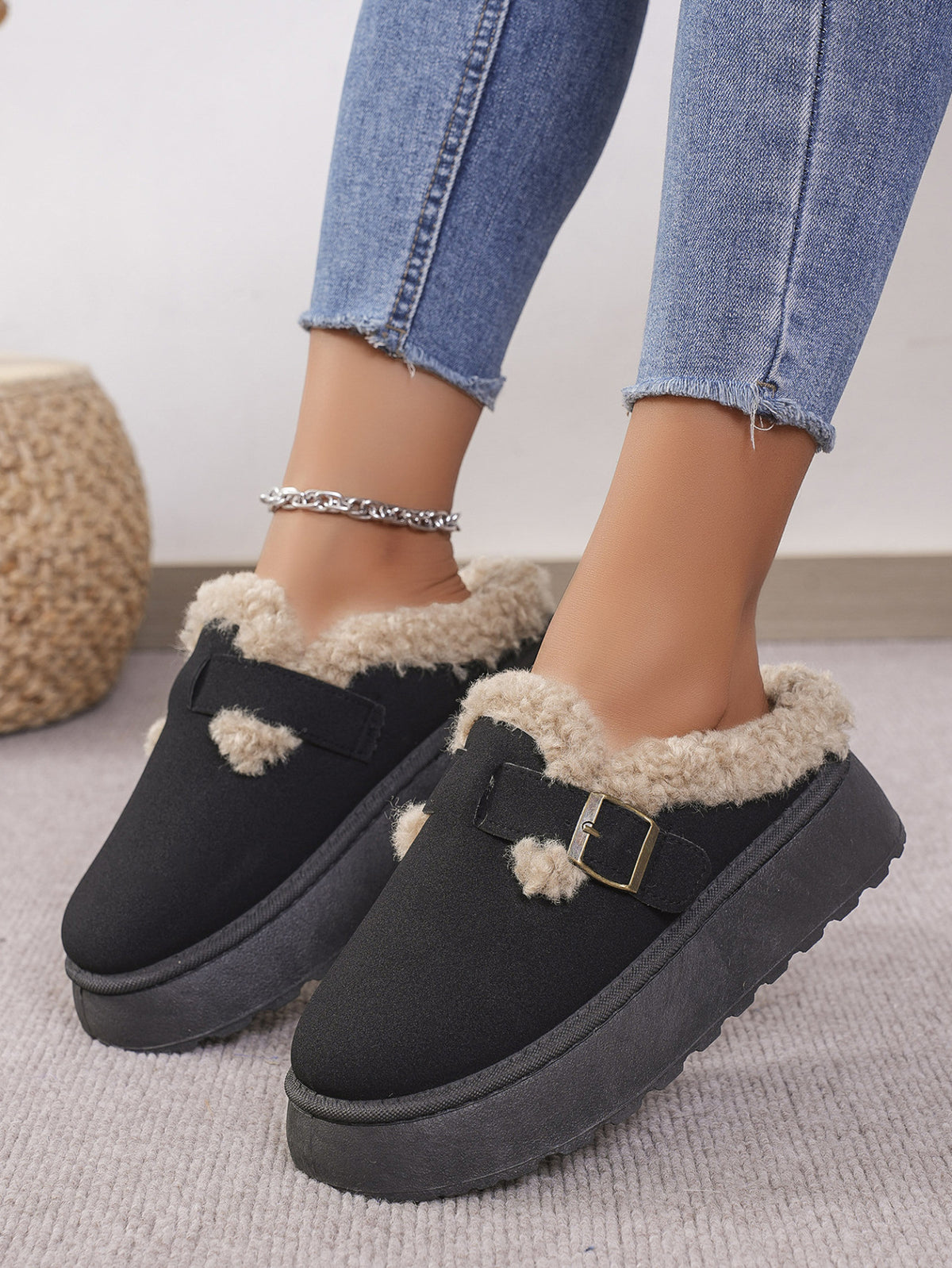 Hazel Blues® |  Thermal Fuzzy Buckle Platform Slippers