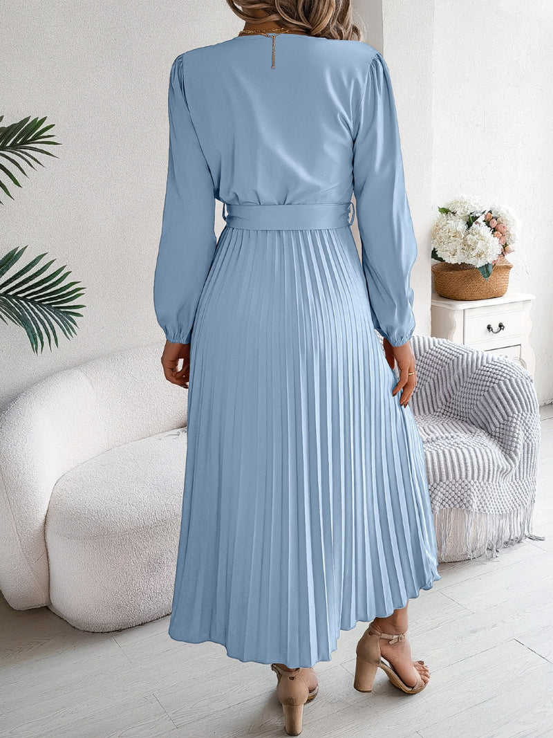 Hazel Blues® |  Pleated Tied V-Neck Long Sleeve Dress