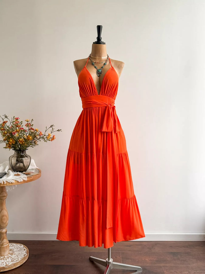 halter neck tiered dress Printed Halter Neck Tiered Maxi Dress Color / L