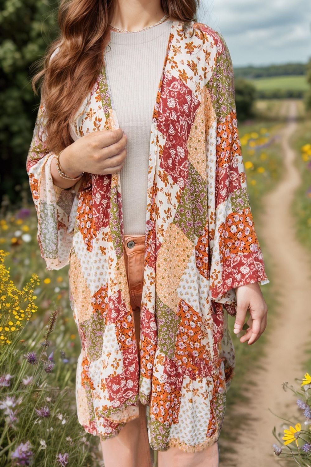 Hazel Blues® |  Printed Open Front Long Sleeve Cover-Up