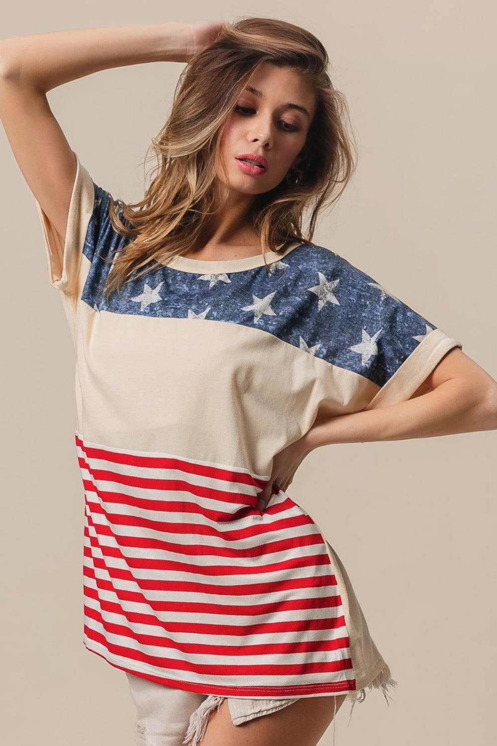 Hazel Blues® |  BiBi American Flag Theme Short Sleeve T-Shirt