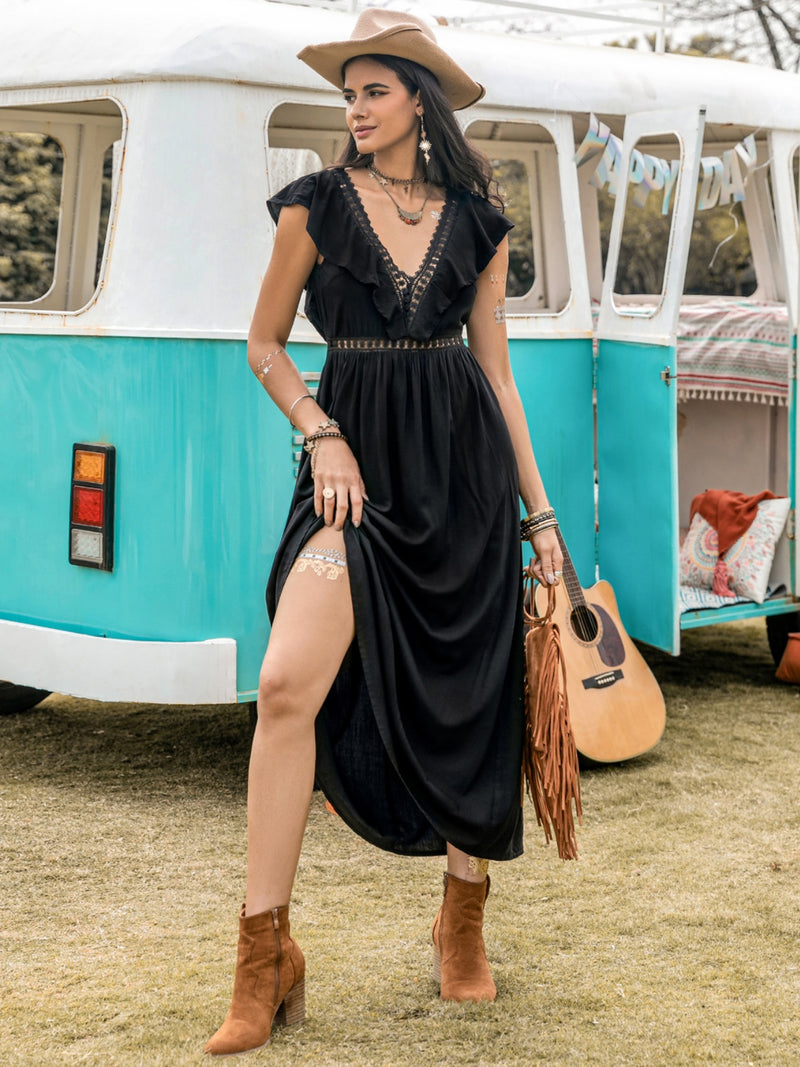 Hazel Blues® |  Lace Detail Plunge Cap Sleeve Midi Dress