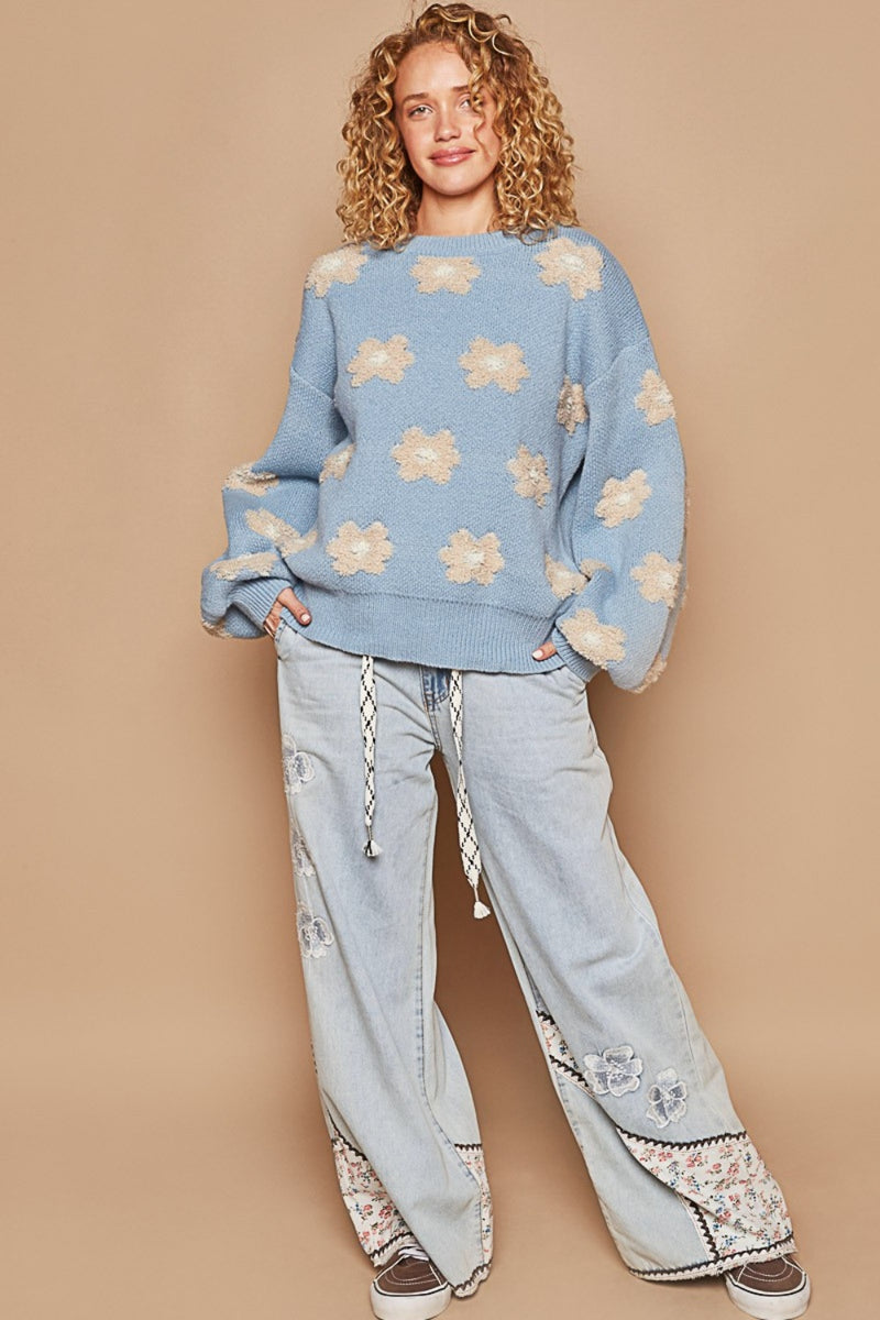 Hazel Blues® |  POL Daisy Pattern Drop Shoulder Sweater