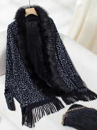 Hazel Blues® |  Fringe Leopard Open Front Long Sleeve Poncho