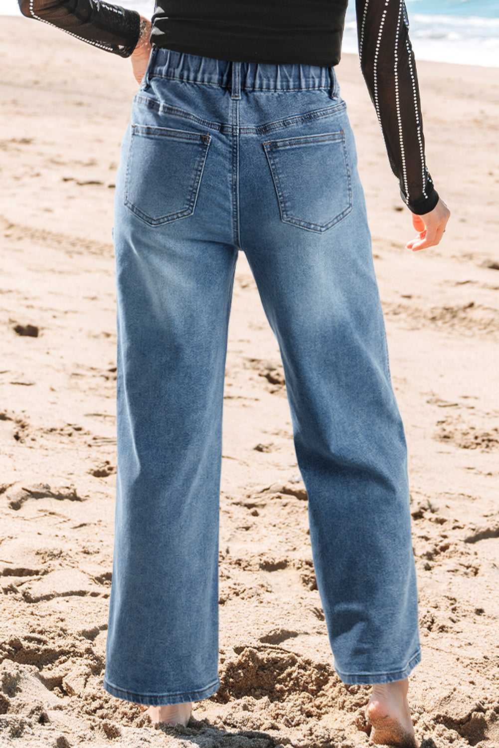 Hazel Blues® |  Stone Blue Star Patchwork Cropped Wide Leg High Waist Jeans