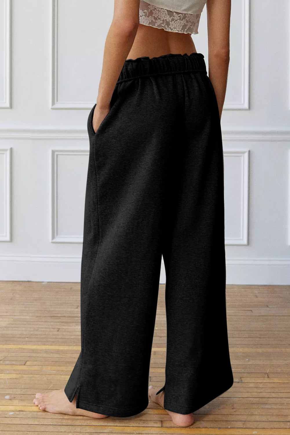 Black Elastic High-Waist Drawstring Sweatpants