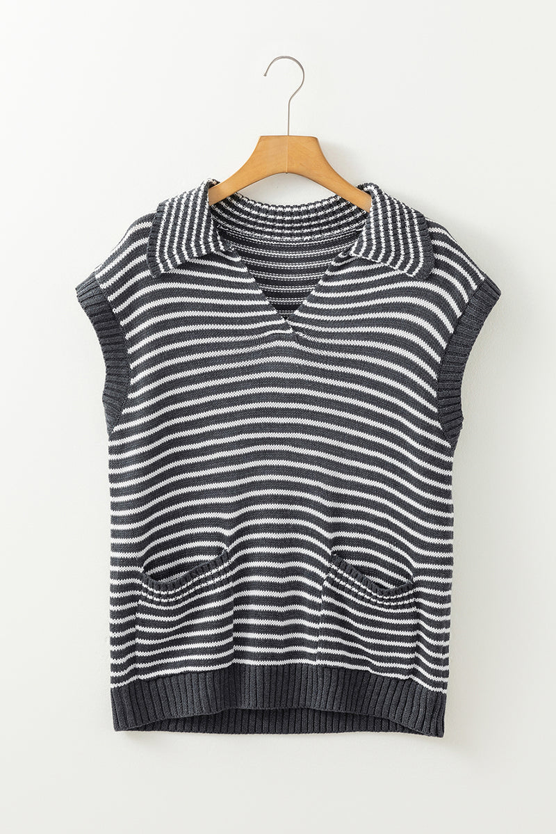 Hazel Blues® |  Pocketed Striped Johnny Collar Sweater Vest