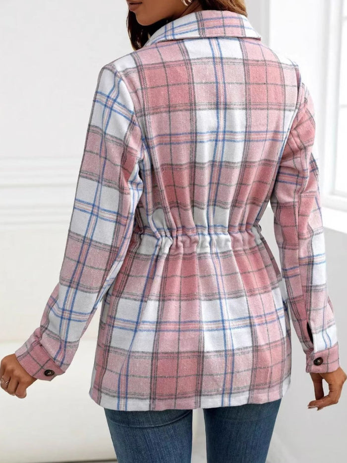 Hazel Blues® |  Drawstring Plaid Button Up Jacket with Chest Pockets