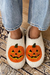 Hazel Blues® |  White Halloween Pumpkin Print Plush Slippers (Runs Small, Size Up)