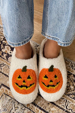 Hazel Blues® |  White Halloween Pumpkin Print Plush Slippers (Runs Small, Size Up)