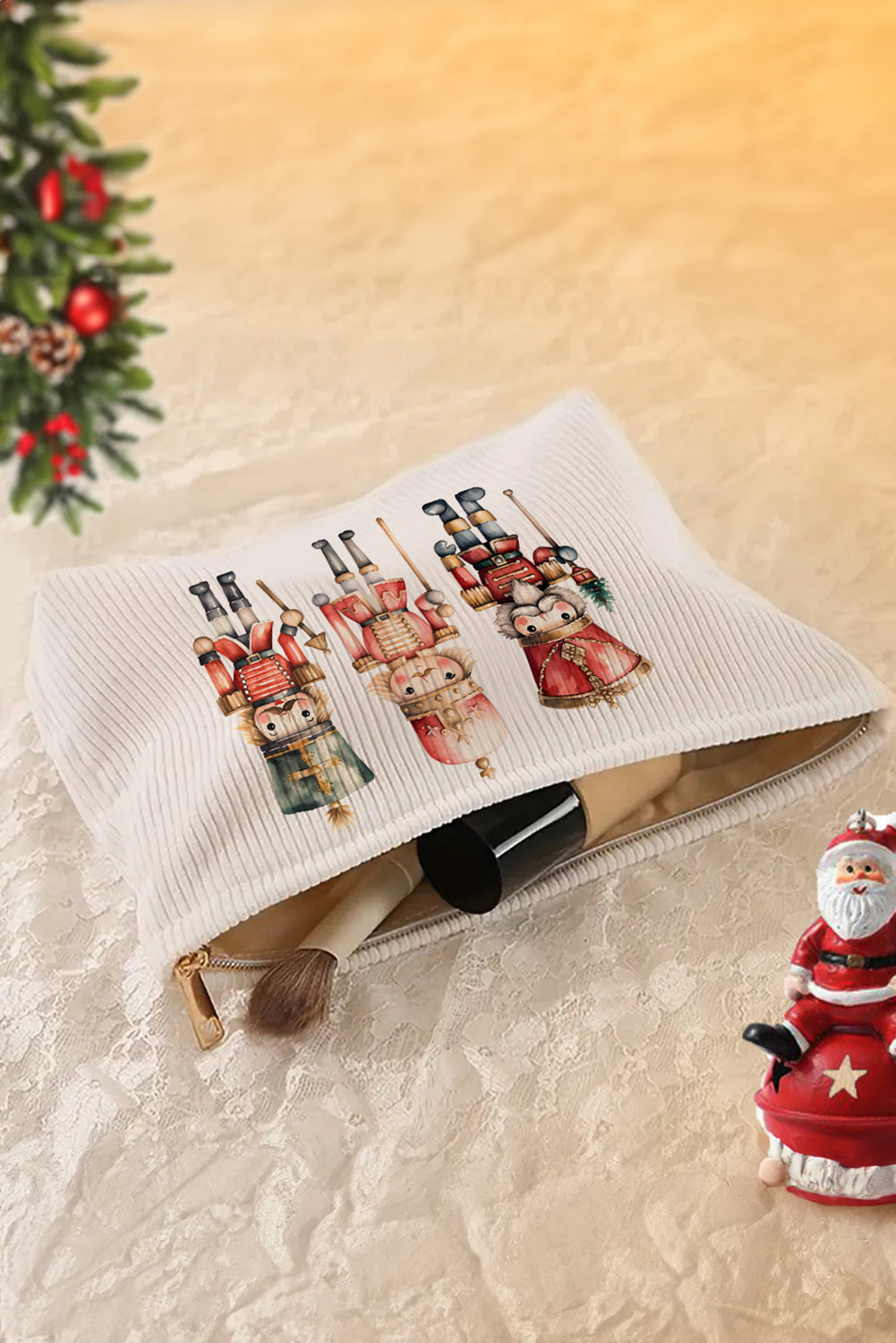 Nutcracker Nights Corduroy Cosmetic Bag — White