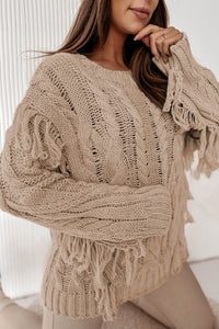 Hazel Blues® |  Cable Knit Fringe Round Neck Long Sleeve Sweater