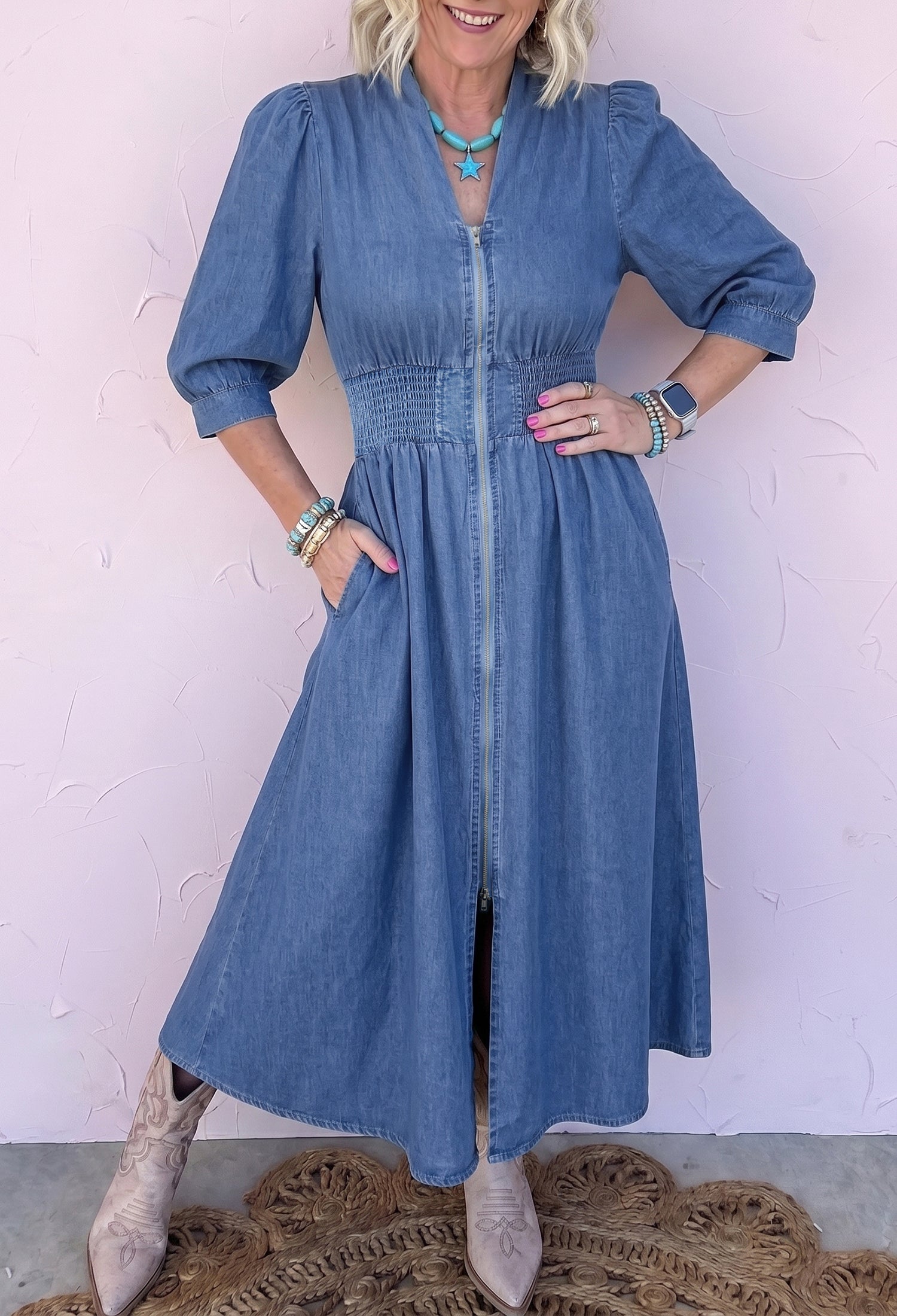 shirred denim dress Shirred Square Neck Puff Sleeve Denim Dress