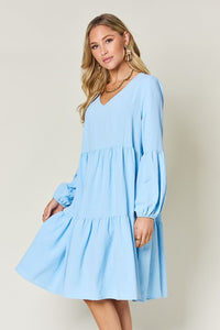 Hazel Blues® |  Double Take V-Neck Balloon Sleeve Tiered Dress with Pockets