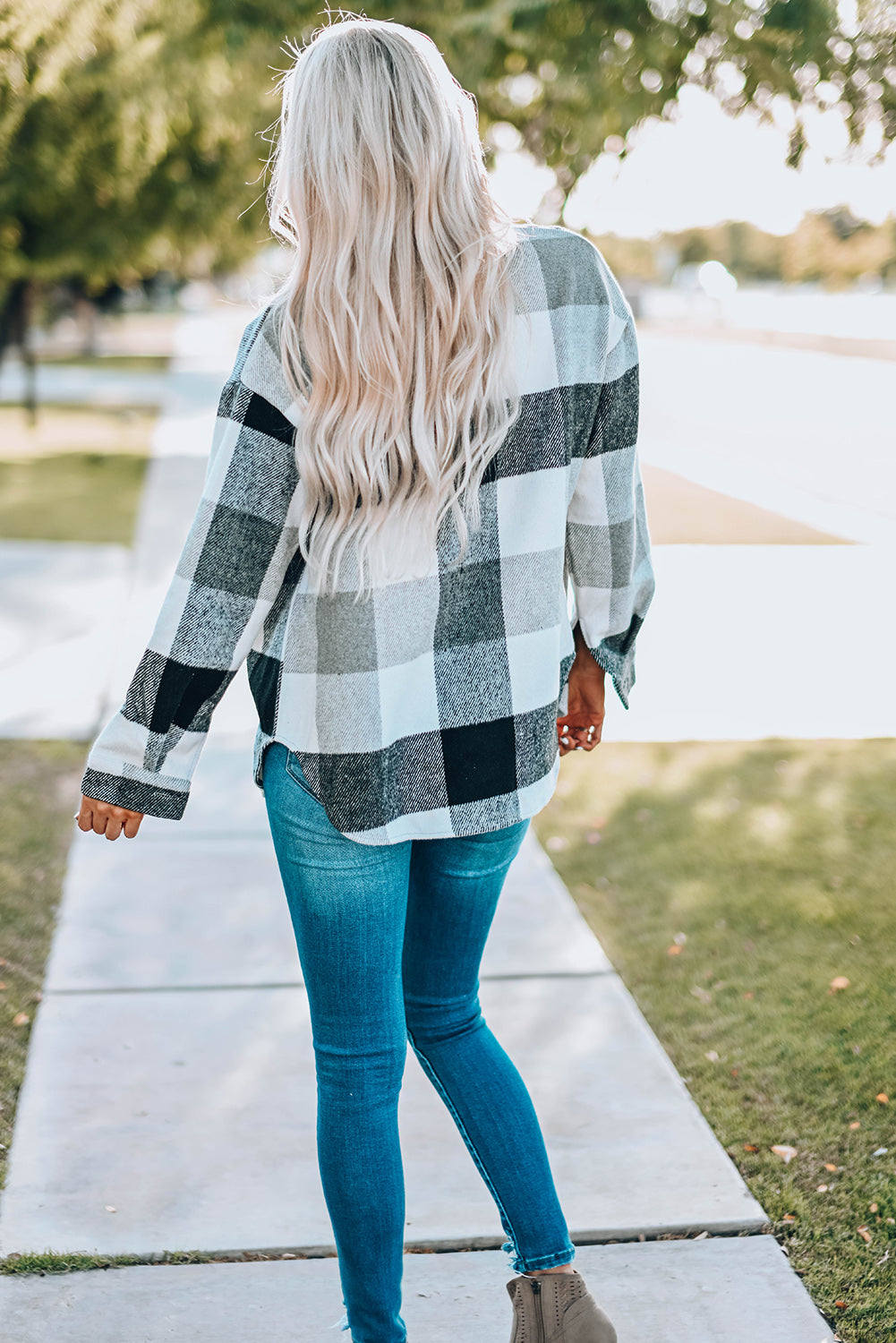 Gray Plaid Color-Block Buttoned Long-Sleeve Jacket with Pocket