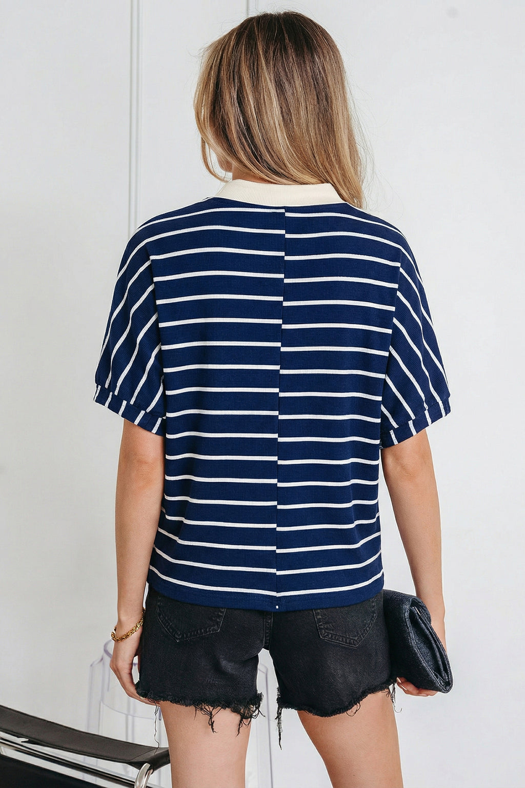 Striped Stand Collar V-Neck Elastic Cuffs Half-Sleeve Dolman Top