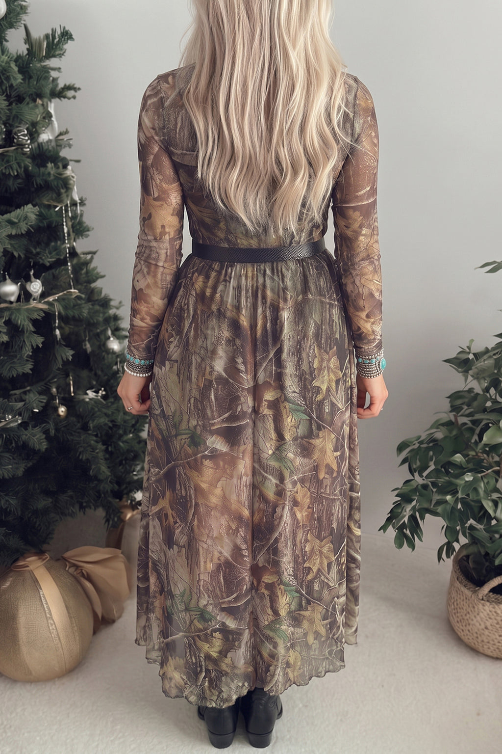 Brown Western Print Mesh Long-Sleeve Maxi Dress