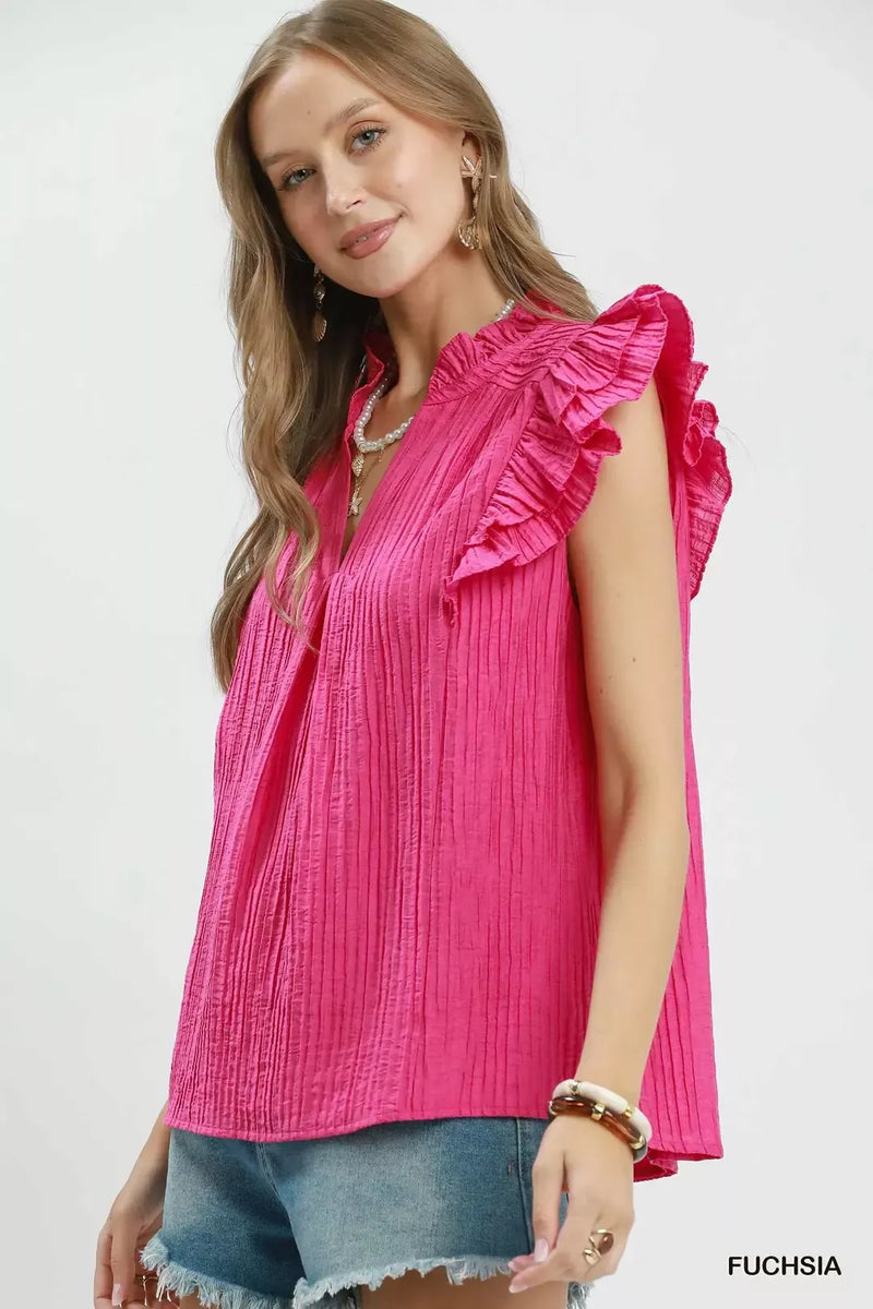 Umgee Textured Ruffle Sleeve Split V Neck Top – Hazel Blues®