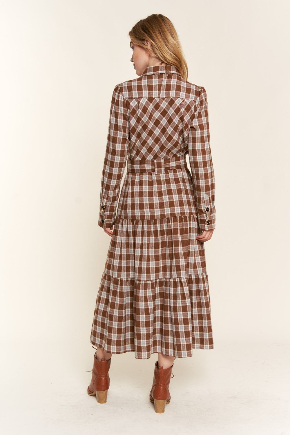 Hazel Blues® |  And the Why Plaid Tiered Midi Shirt Dress