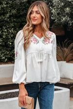Hazel Blues® |  White Flower Lace-up V Neck Babydoll Blouse