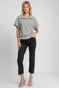 Hazel Blues® |  Umgee Striped Half Zip Short Sleeve Sweatshirt