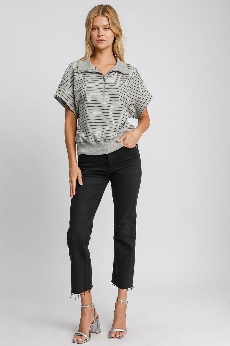 Hazel Blues® |  Umgee Striped Half Zip Short Sleeve Sweatshirt