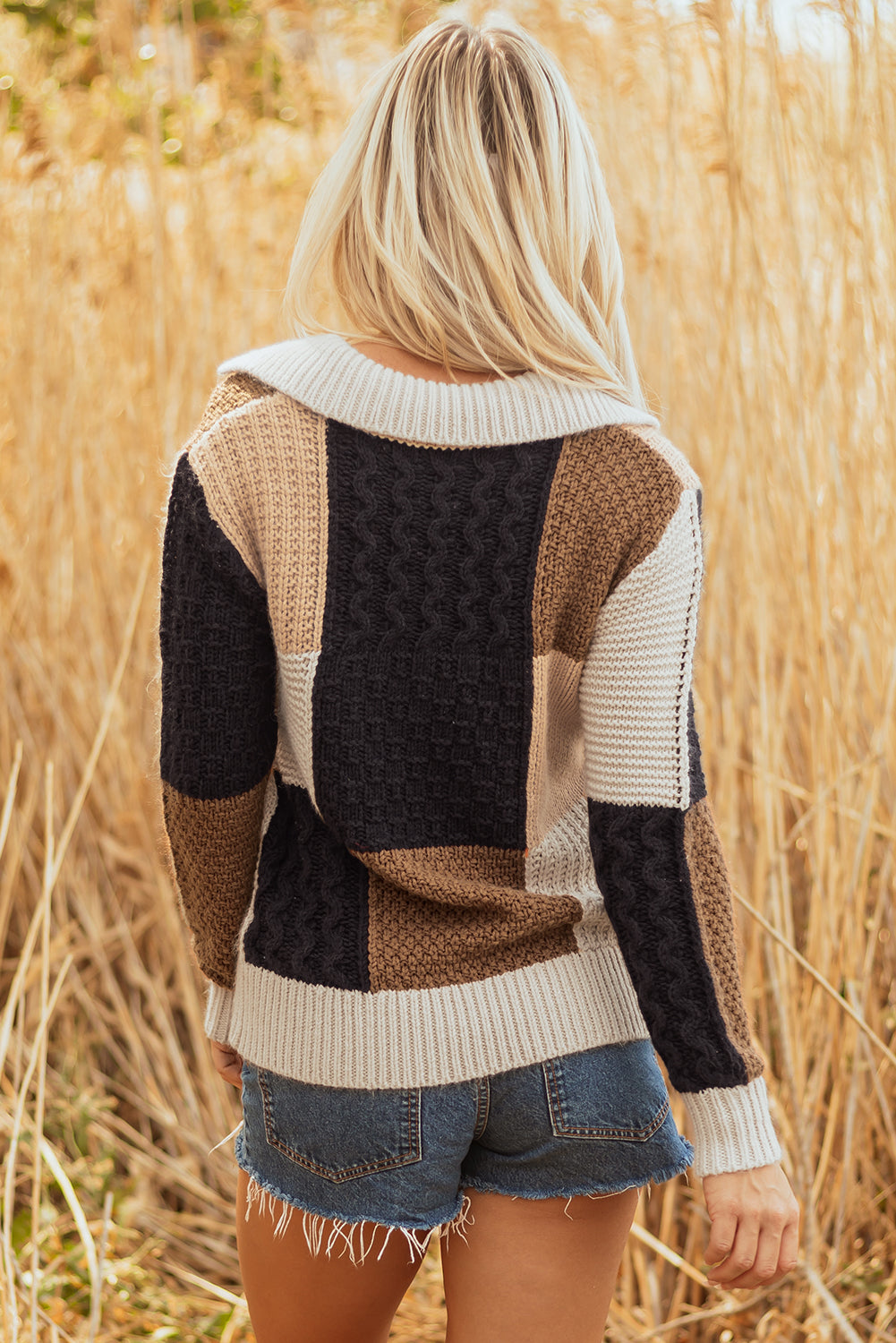 Multicolor Color-Block Cable-Knit Collared Sweater