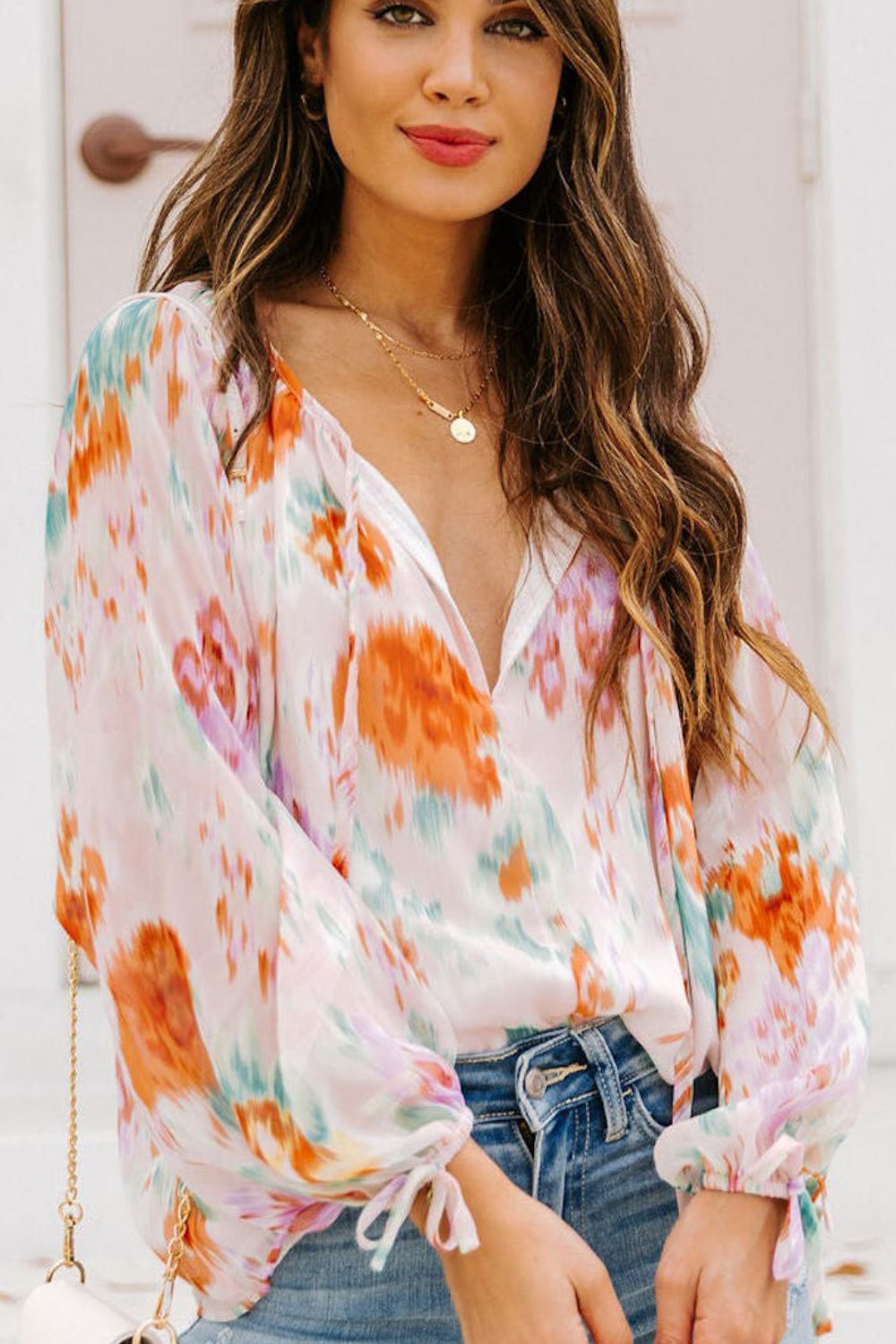 Hazel Blues® |  Printed Tie Neck Long Sleeve Blouse