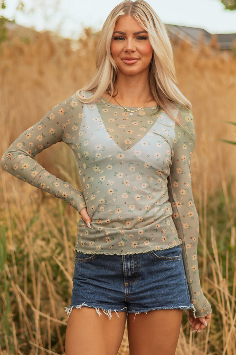 Hazel Blues® |  Laurel Green Vintage Floral Print Southern Style Mesh Long Sleeve Top
